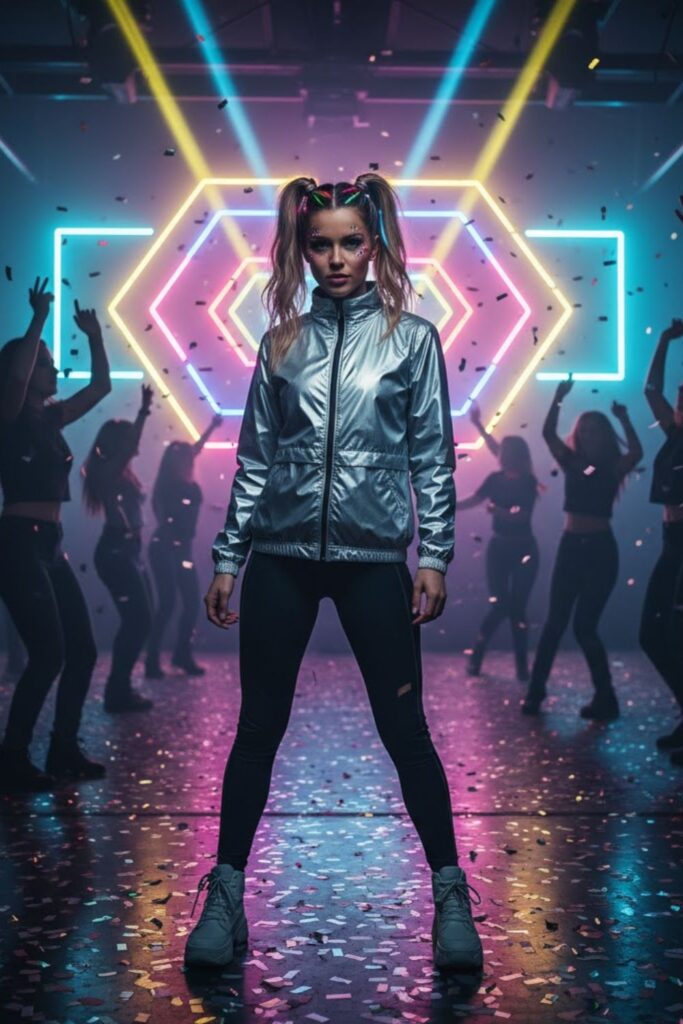Metallic Windbreaker + Sports Leggings + Thermal Shrug + Athletic Boots
