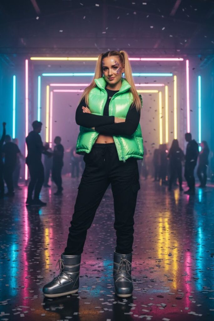 Neon Puffer Vest + Long Sleeve Crop + High-Waisted Joggers + Moon Boots