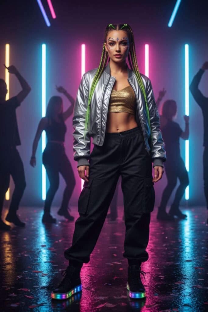 Oversized Bomber Jacket + Glitter Tube Top + Cargo Pants + LED Sneakers