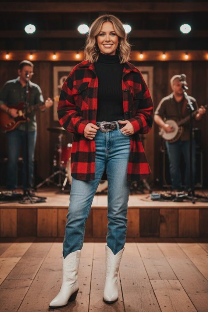 Oversized Flannel Shacket, Turtleneck, Straight Jeans & White Cowgirl Boots