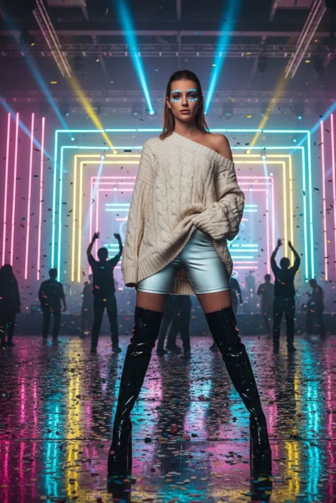 Oversized Knit Sweater + Reflective Bike Shorts + Thigh-High Boots