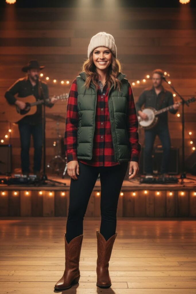 Puffer Vest, Plaid Shirt, Thermal Leggings & Square-Toe Boots