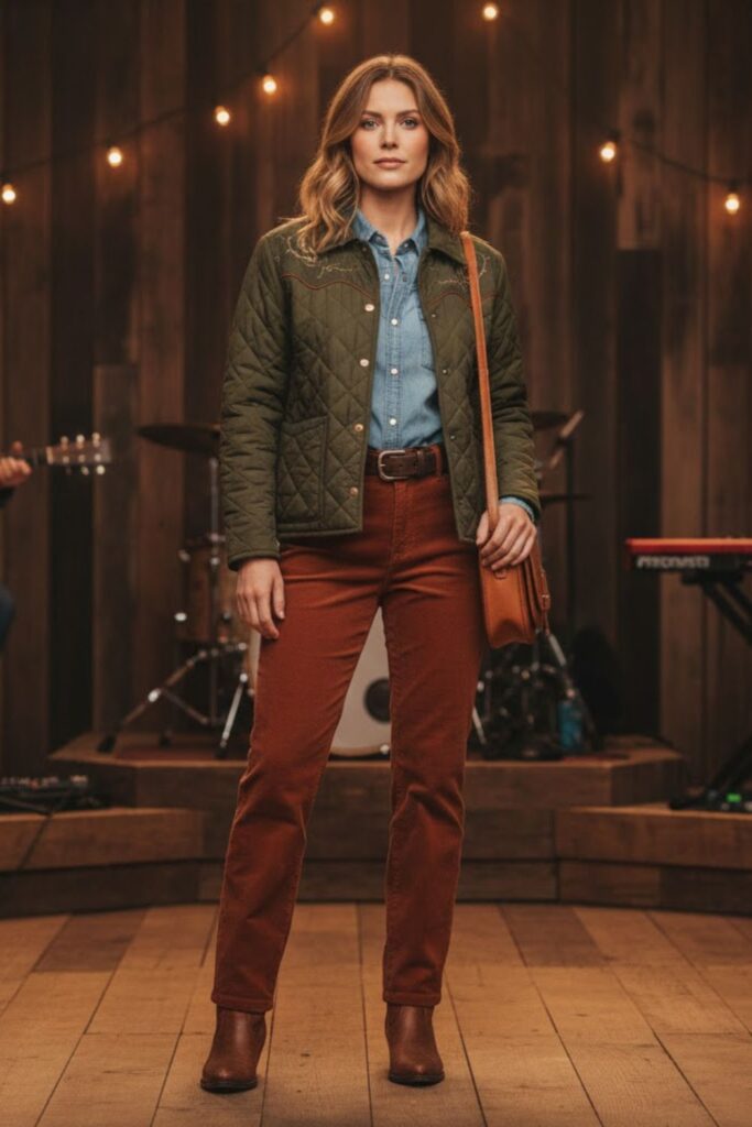 Quilted Western Jacket, Chambray Shirt, Corduroy Pants & Round-Toe Boots