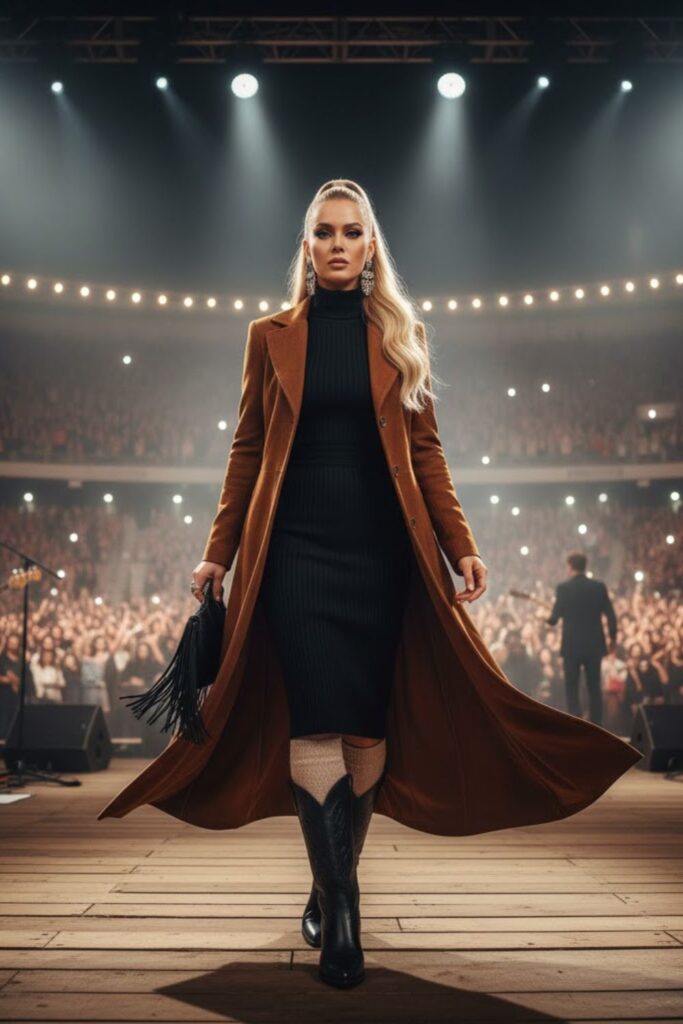 Suede Duster Coat, Turtleneck Dress, Wool Socks & Pointed-Toe Boots