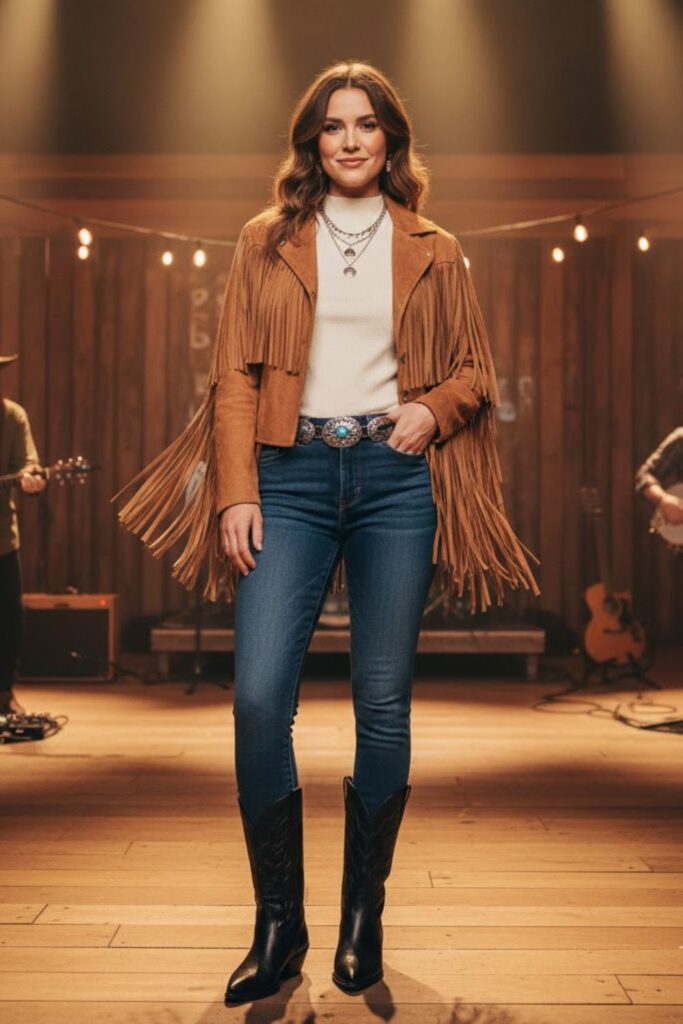 Suede Fringe Jacket, Thermal Mock Neck, High-Rise Jeans & Snip-Toe Boots