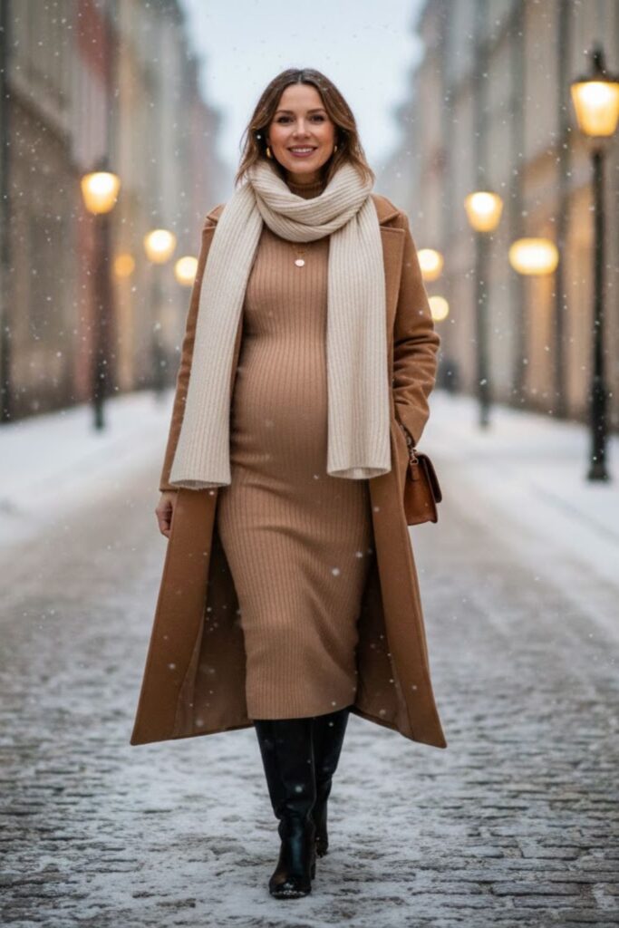 1) Ribbed Knit Dress + Long Coat + Flat Knee Boots