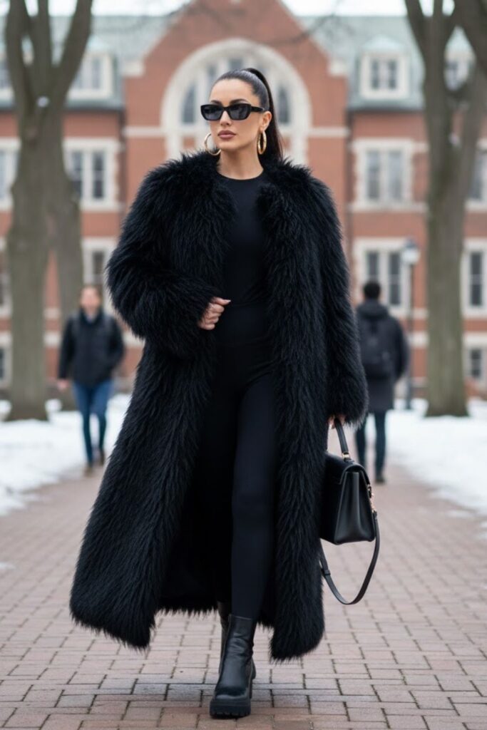 1. Faux Fur Coat With Black Leggings