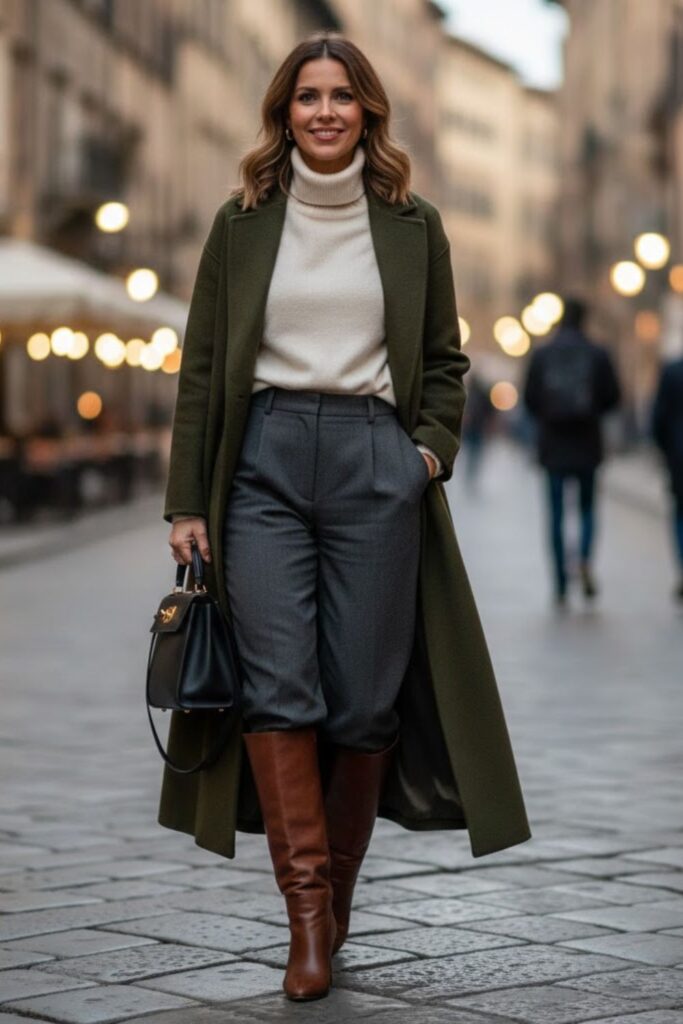 1. Long Wool Coat With Cream Turtleneck and Tailored Trousers