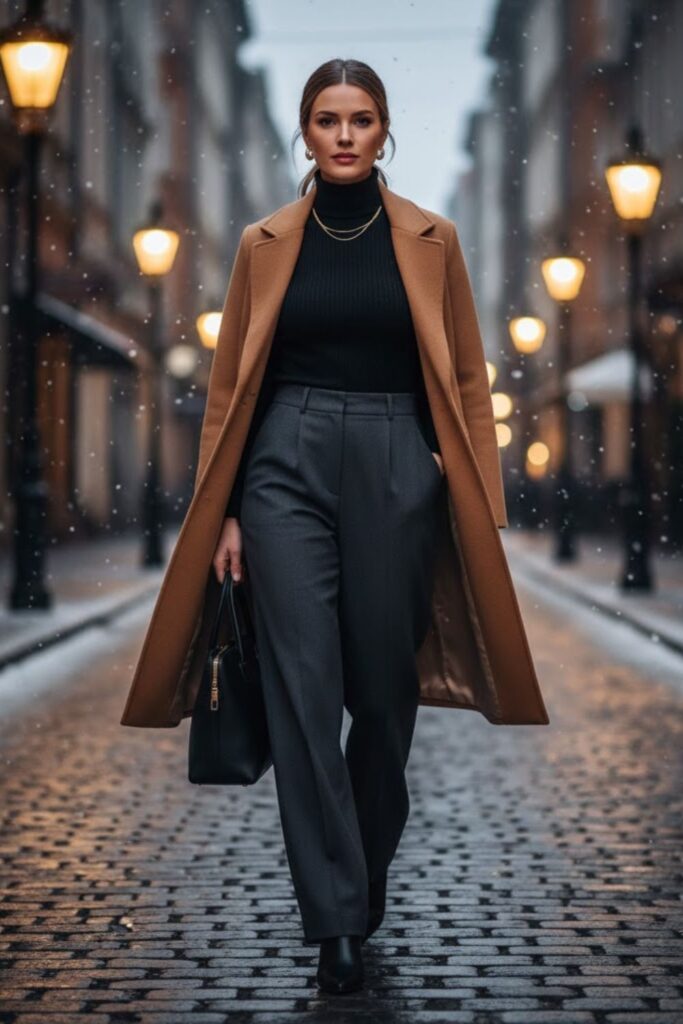 1. Wool Coat With Wide-Leg Trousers And Turtleneck
