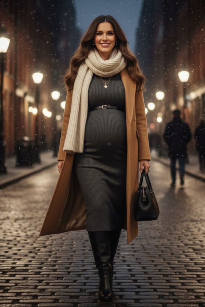 10) Knit Midi Dress + Belt + Coat