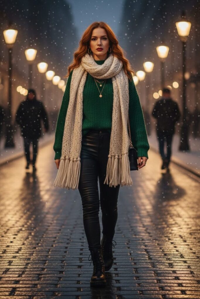 10. Cable Knit Sweater With Leather Pants