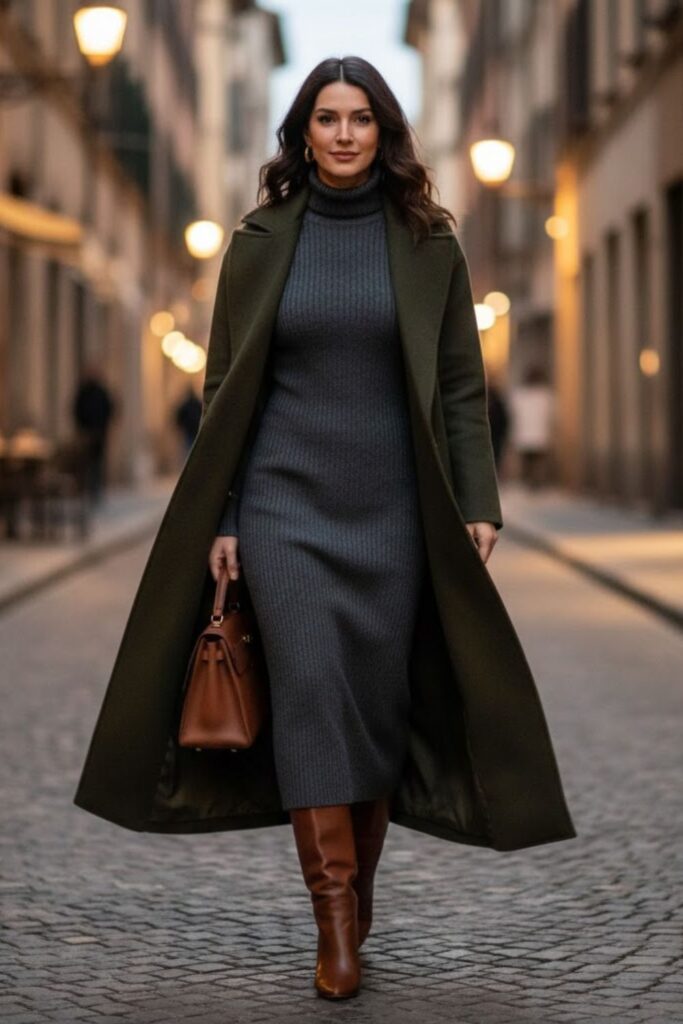 10. Turtleneck Dress With Long Coat and Heeled Boots