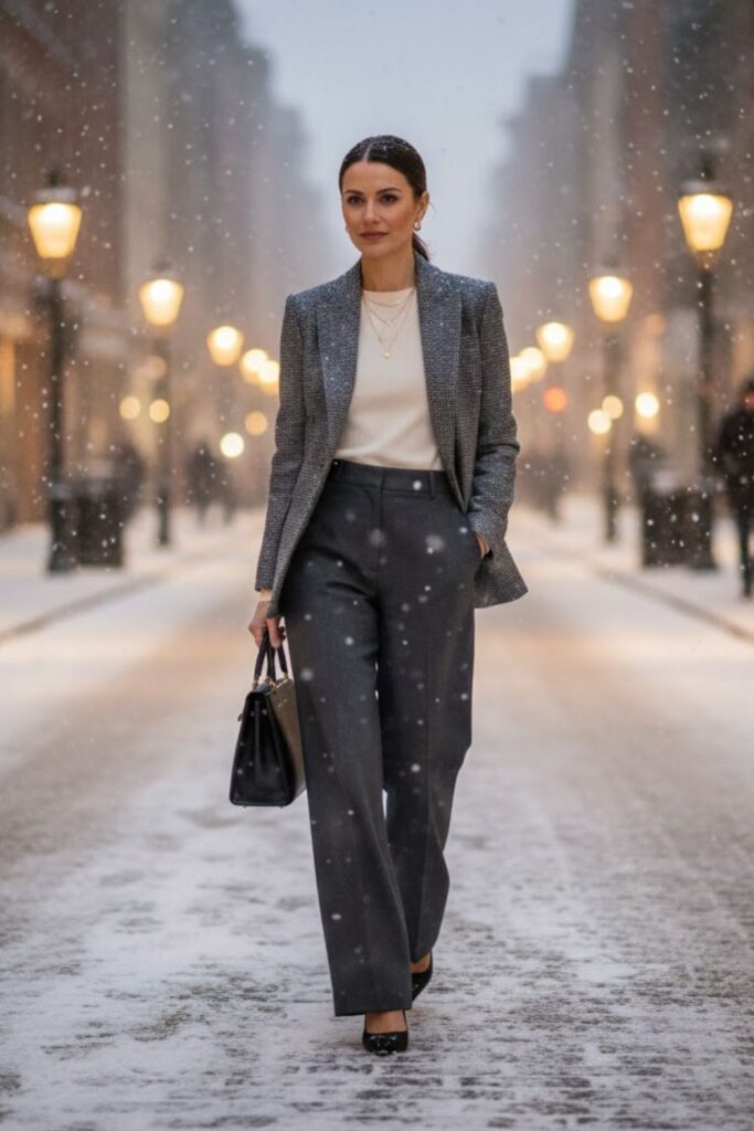 10. Tweed Blazer With Trousers And Heels