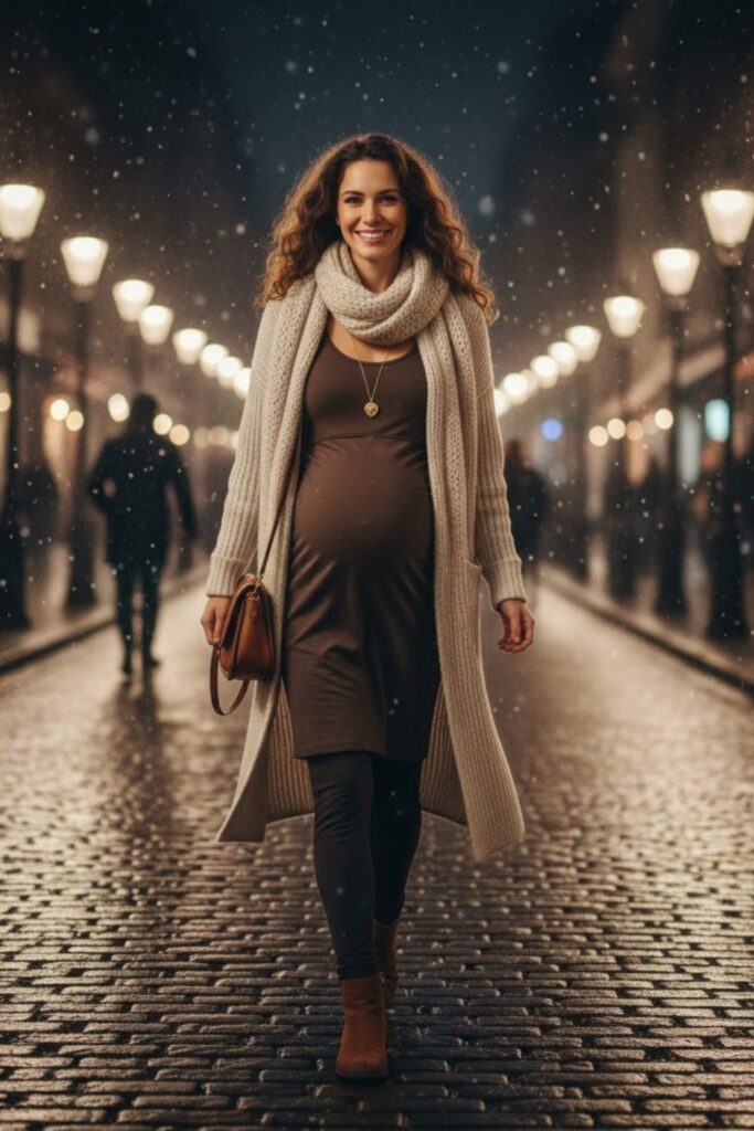 11) Long Cardigan + Top + Maternity Jeans