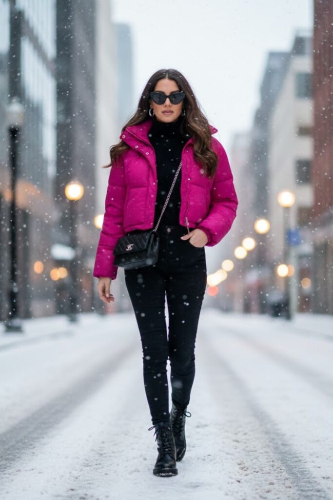 11. Pink Puffer Jacket With All Black Outfit