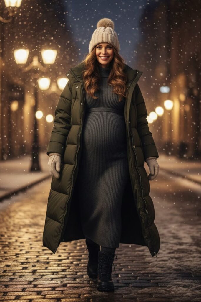 12) Maxi Puffer + Sweater Dress + Snow Boots