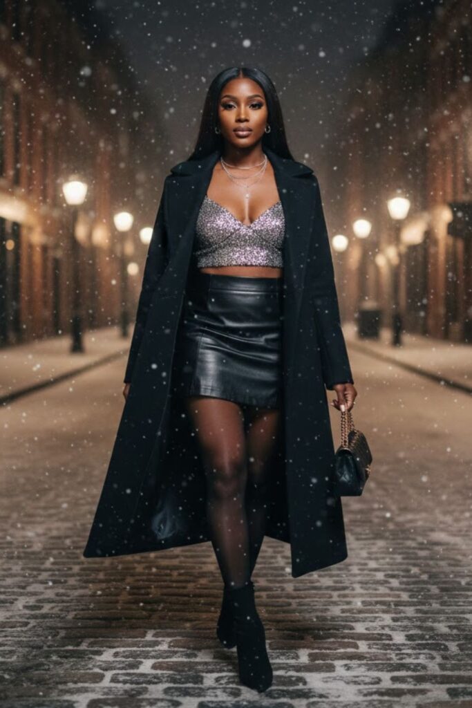 12) Sparkly Top + Faux Leather Skirt + Coat