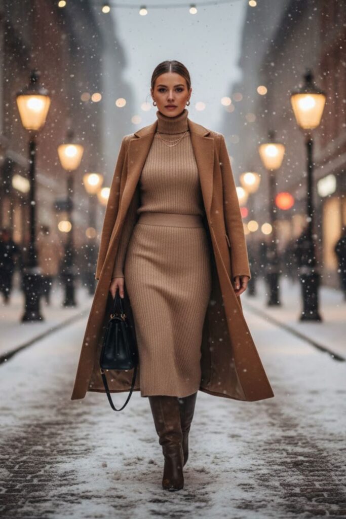 12. Neutral Knit Set With Coat And Boots