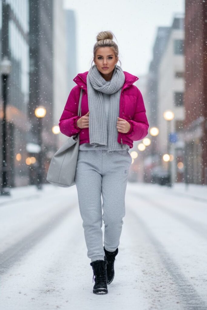 12. Pink Puffer Jacket With Lounge Set