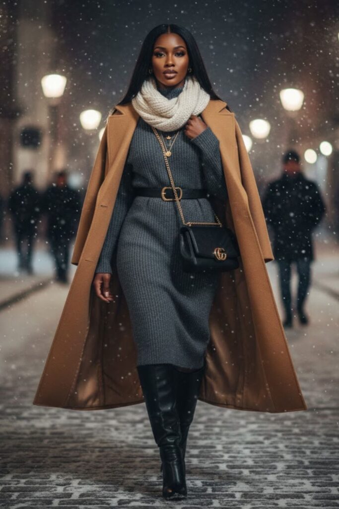13) Sweater Dress + Belt + Tall Boots