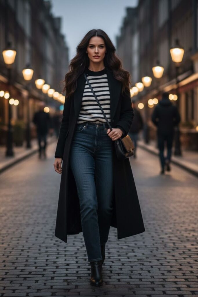 13. Black Coat With Striped Sweater and High-Waist Jeans