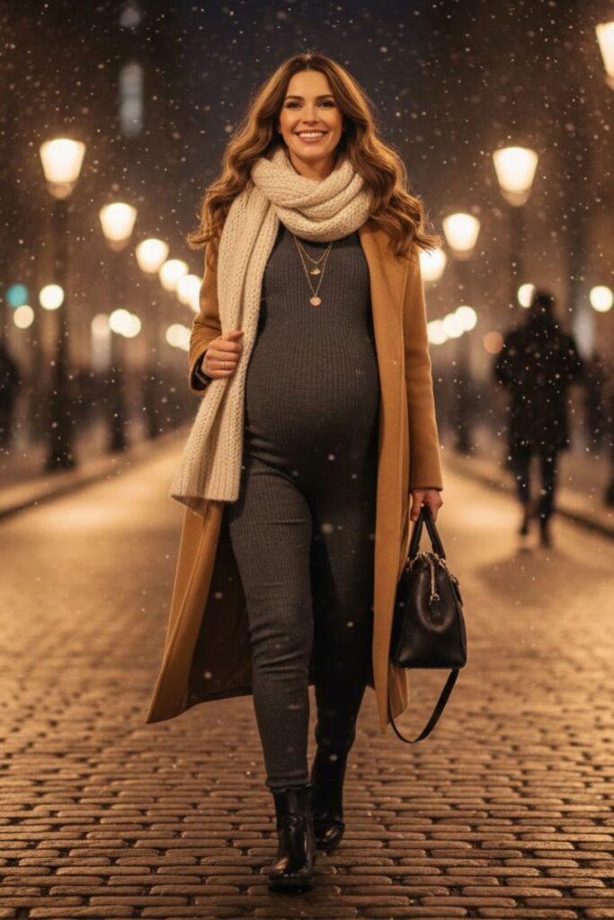 14) Maternity Jumpsuit + Coat + Boots