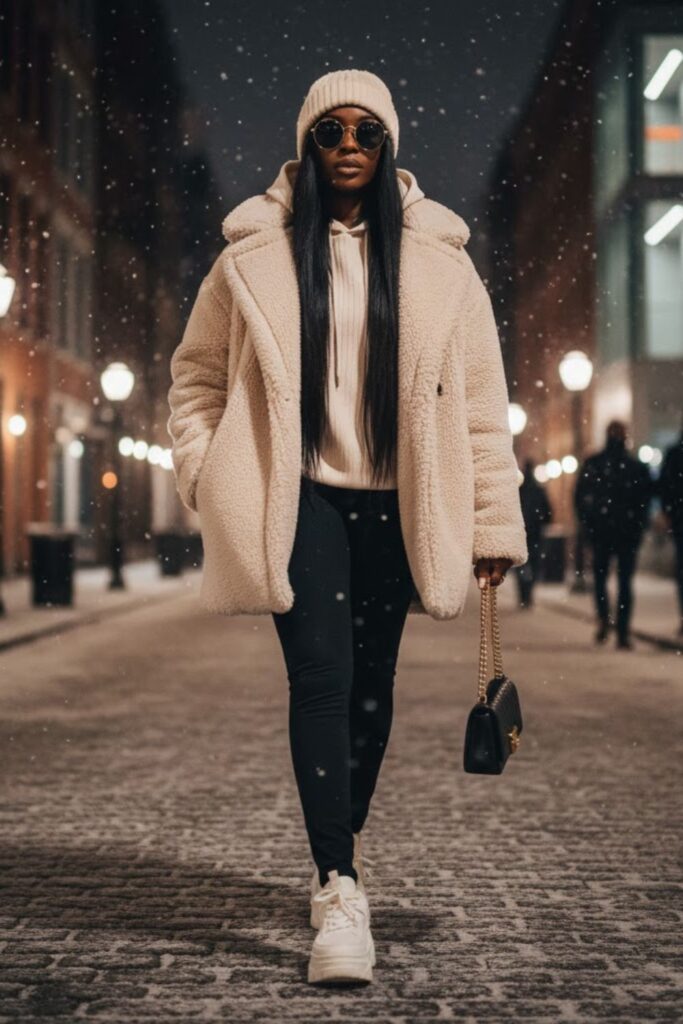 14) Teddy Coat + Leggings + Sneakers