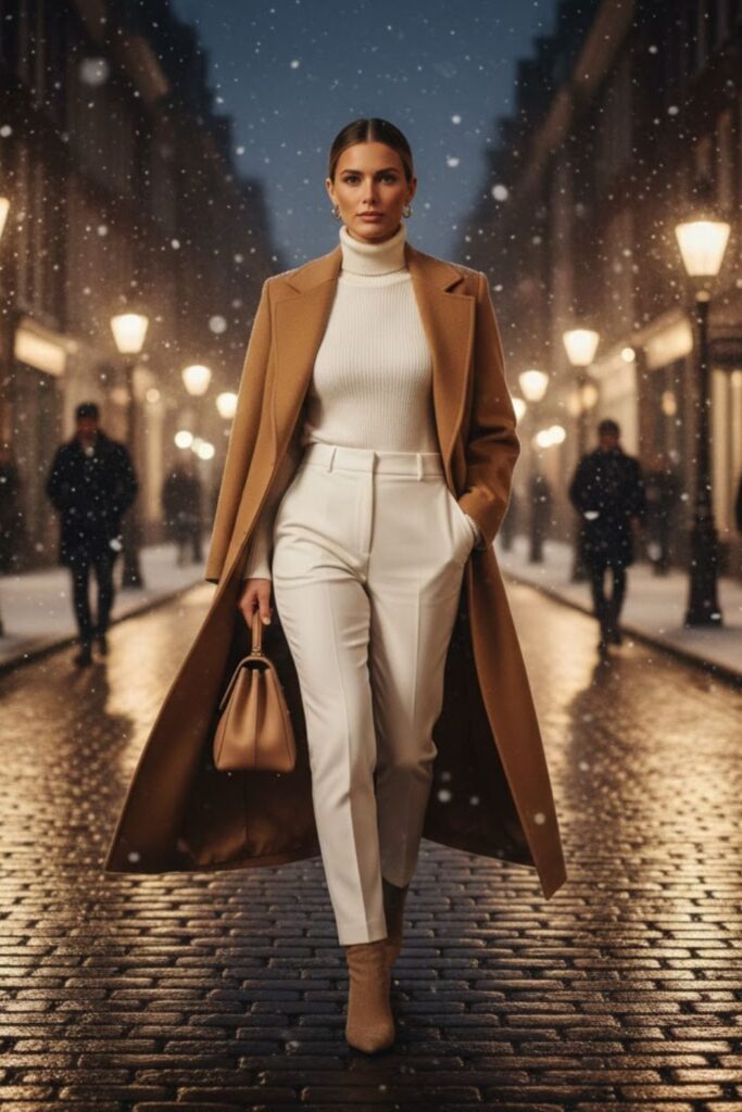 14. Camel Coat With All White Office Look