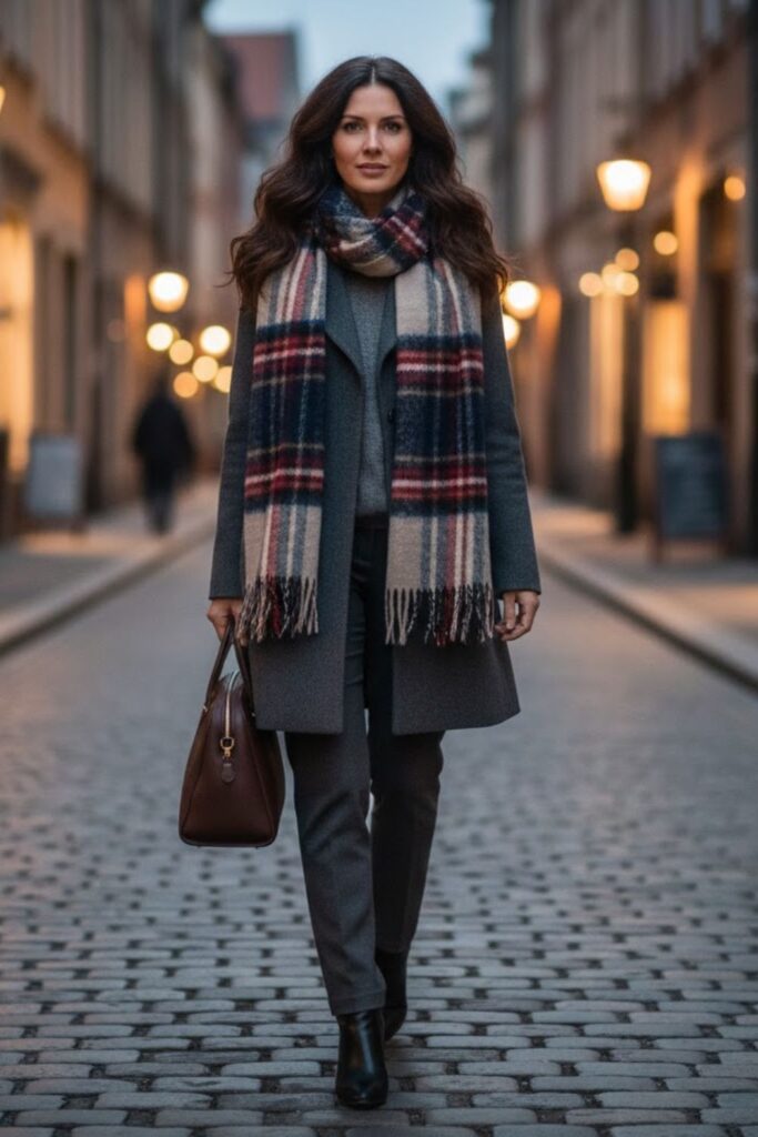 14. Grey Coat With Plaid Scarf and Straight-Leg Trousers