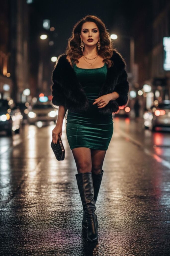 14. Night-Out Velvet Dress With Faux Fur