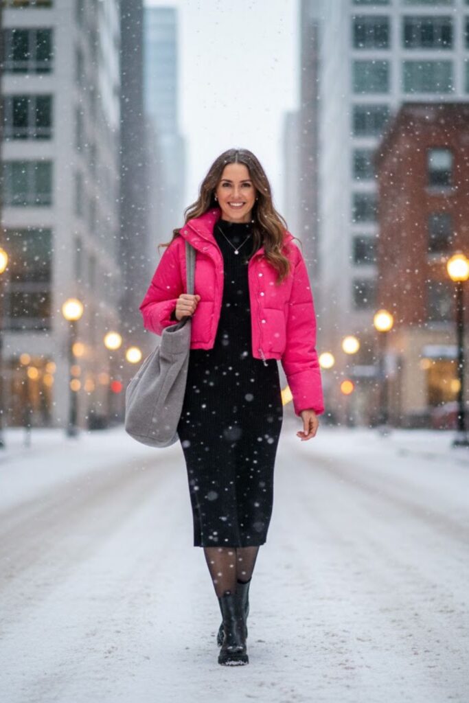 14. Pink Puffer Jacket With Knit Dress And Boots