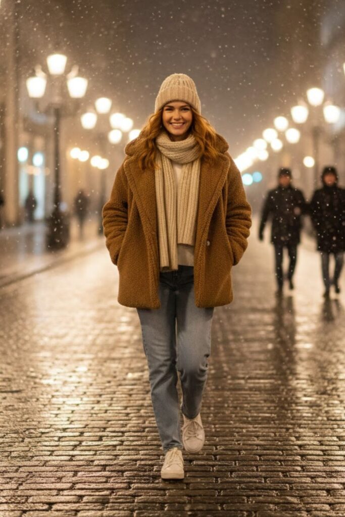 14. Teddy Coat With Straight Jeans And Sneakers