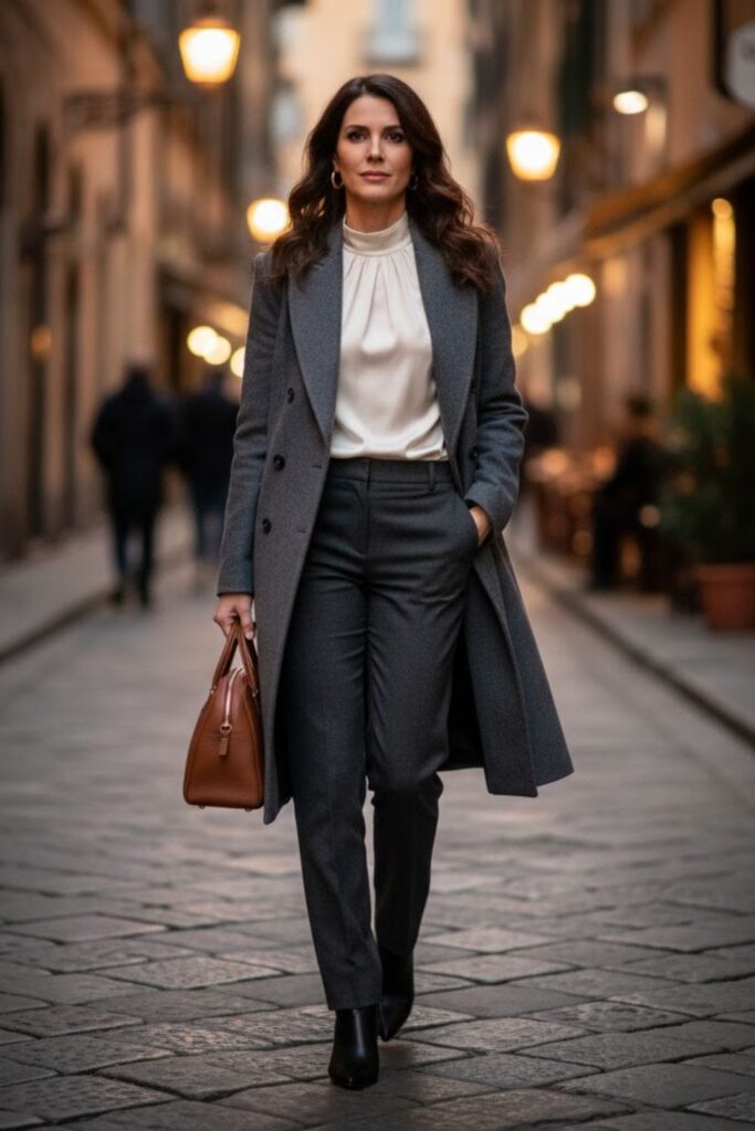 15. Double-Breasted Coat With Silk Blouse and Tailored Pants