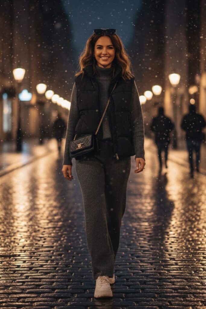 15. Long Puffer Vest With Knit Set