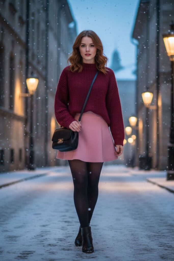 15. Pink Mini Skirt With Burgundy Sweater