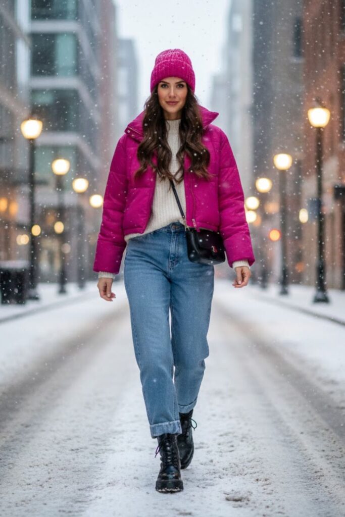 15. Pink Puffer Jacket With Wide Leg Jeans