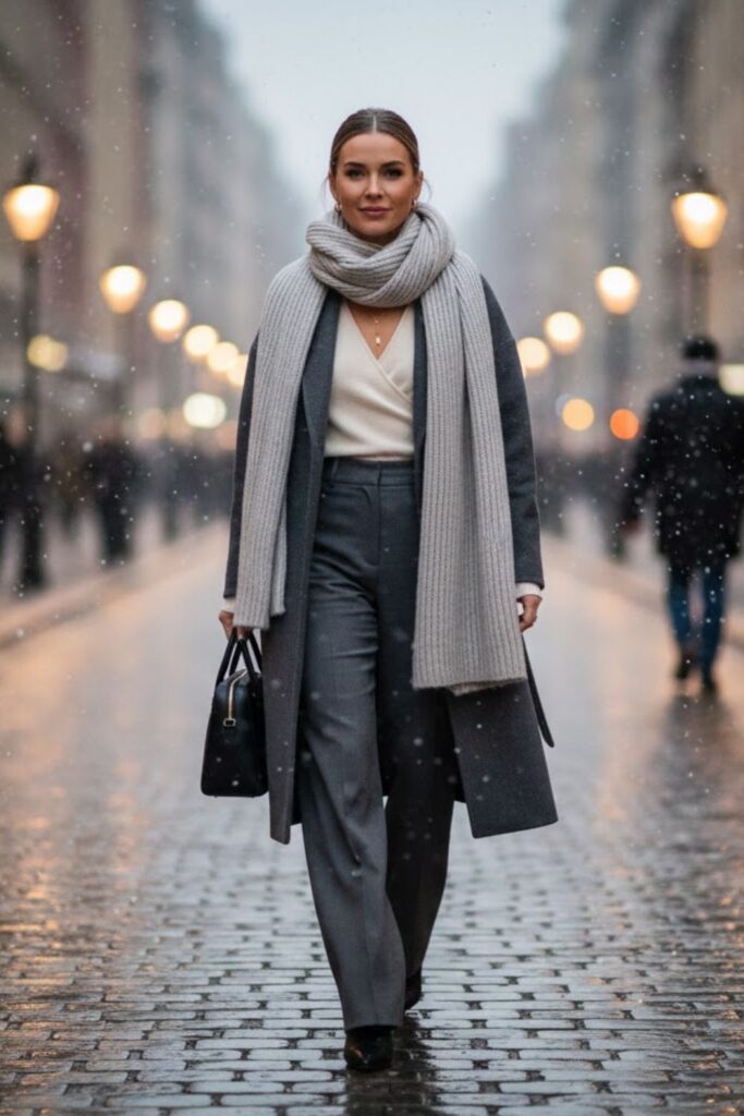 15. Wide-Leg Pants With Wrap Top And Oversized Scarf