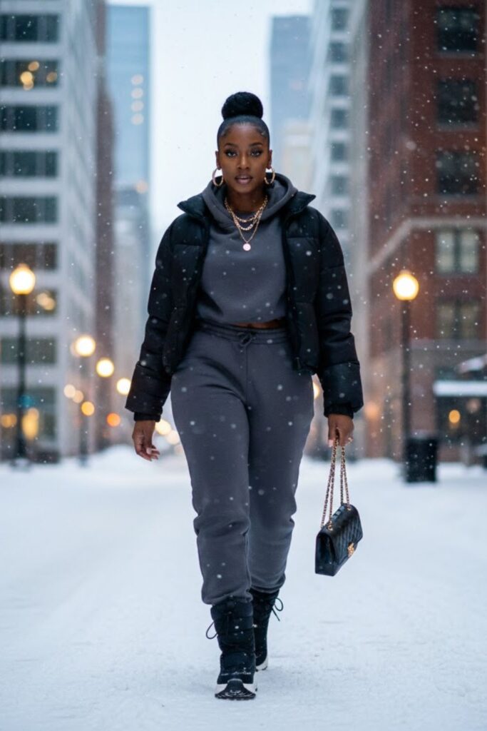 2) Black Puffer Jacket + Grey Sweat Set