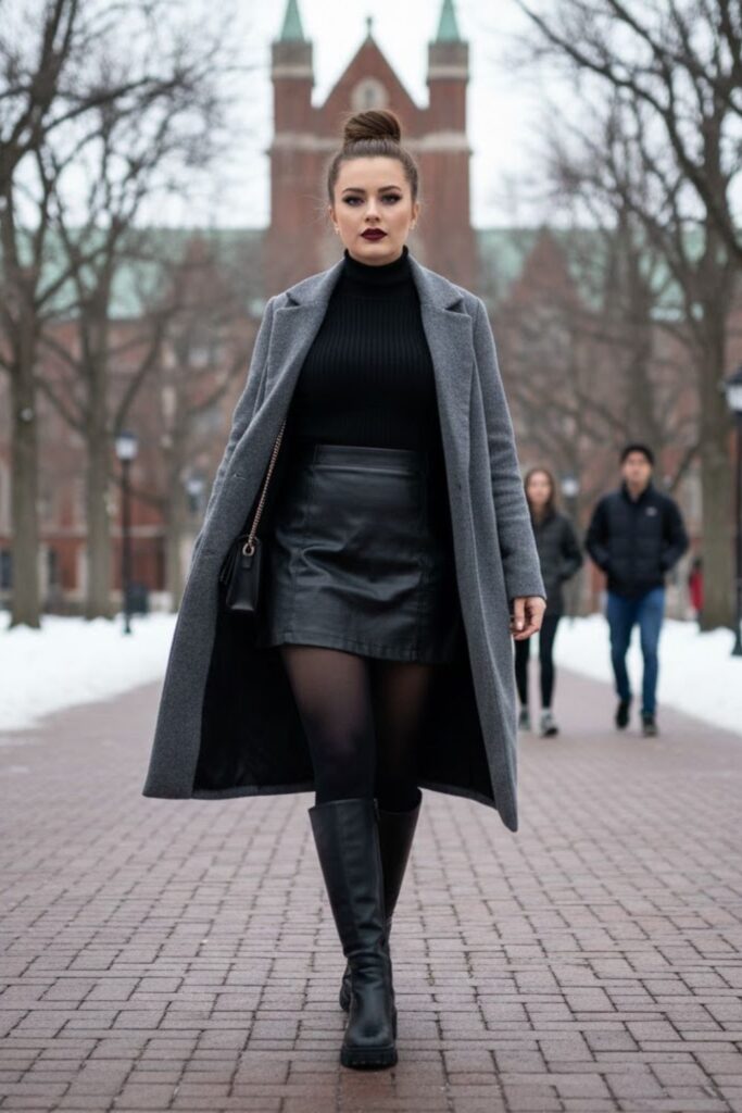 2. Leather Mini Skirt With Tights and Knee-High Boots