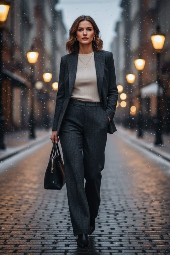 2. Matching Blazer And Pant Suit With Knit Top