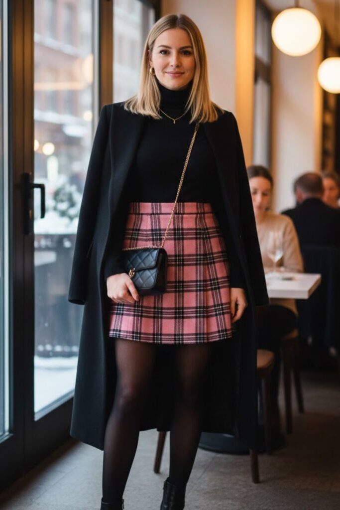 2. Pink Plaid Mini Skirt With Black Turtleneck