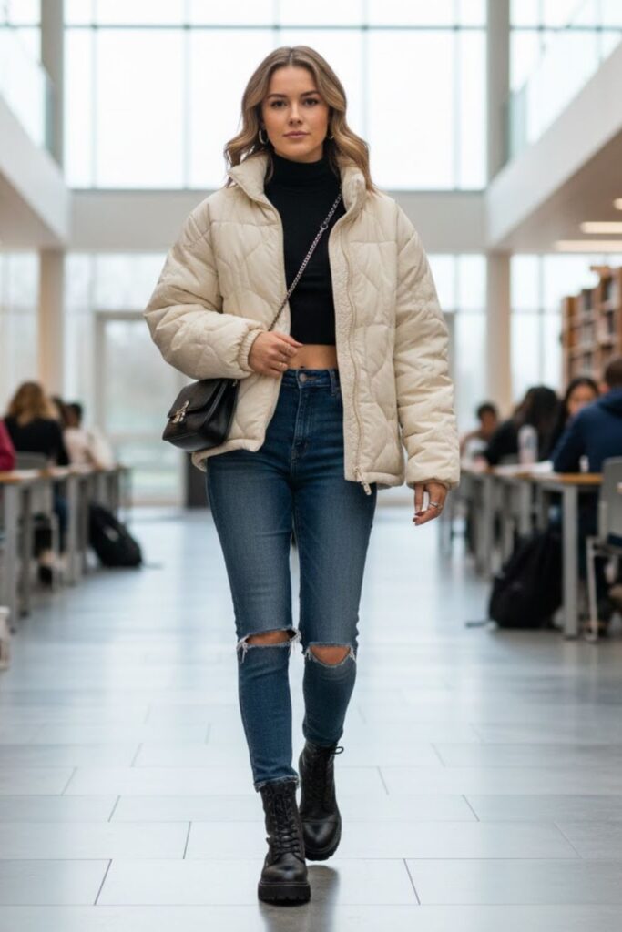 2. Puffer Jacket With Jeans and Crop Top