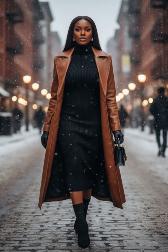 3) Leather Trench Coat + Turtleneck Dress