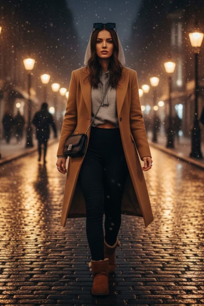 3. Hoodie Layered Under Long Coat With Ugg Boots