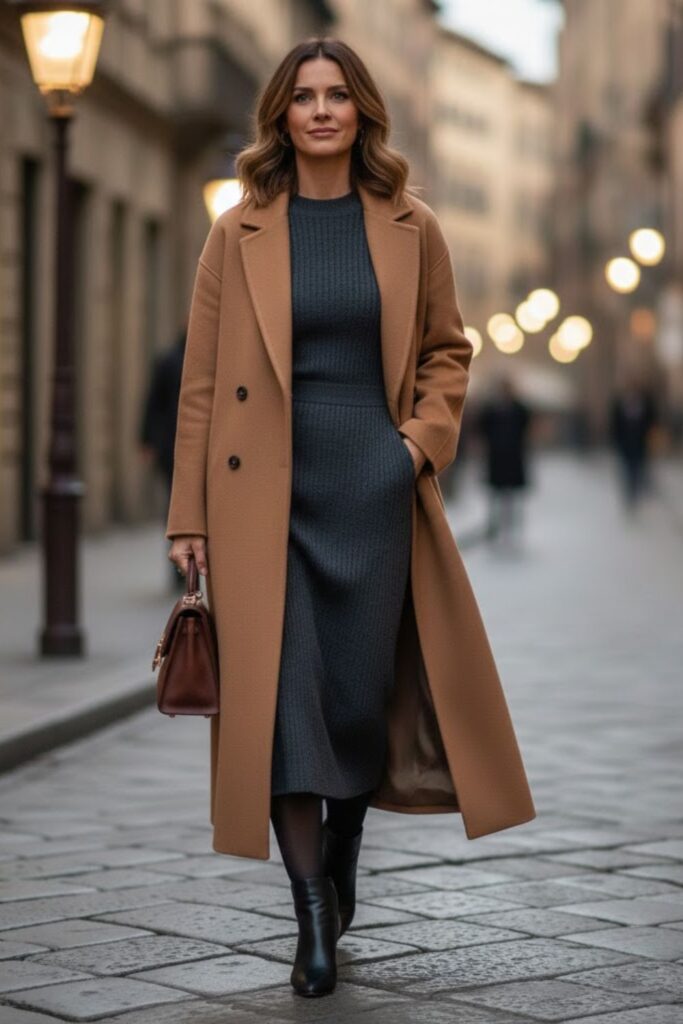 3. Oversized Camel Coat With Knit Dress and Tights