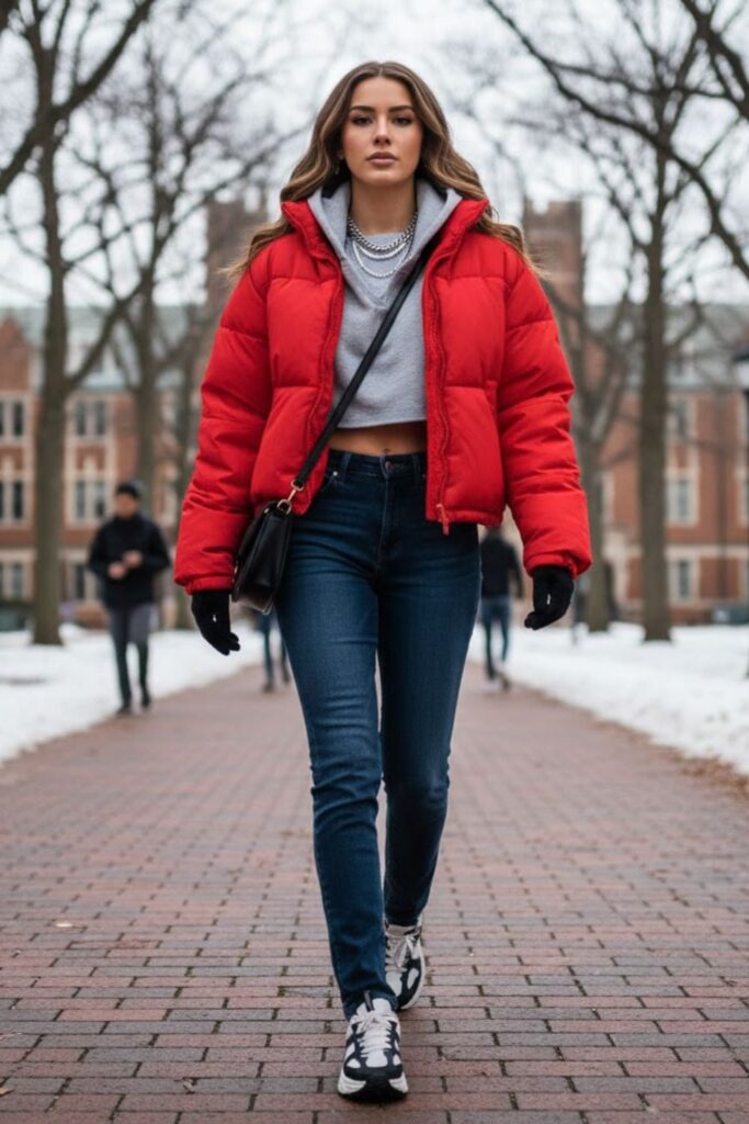 3. Oversized Puffer Jacket and Jeans