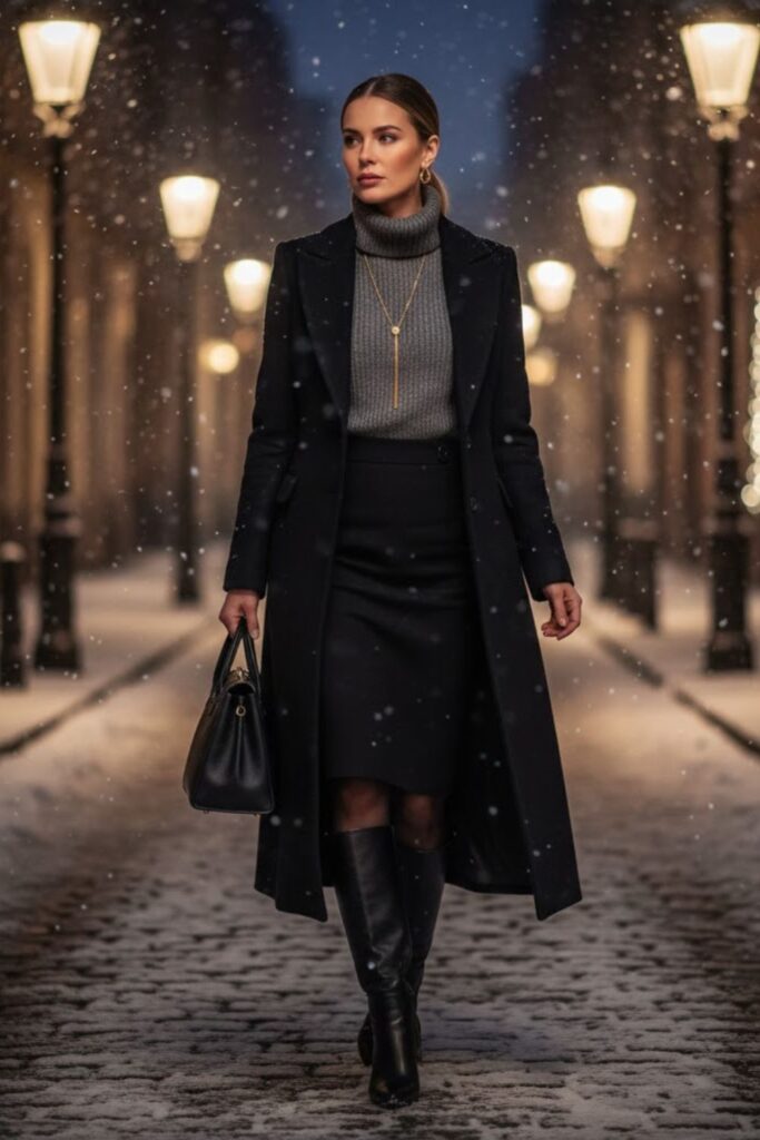 3. Pencil Skirt With Turtleneck And Long Coat