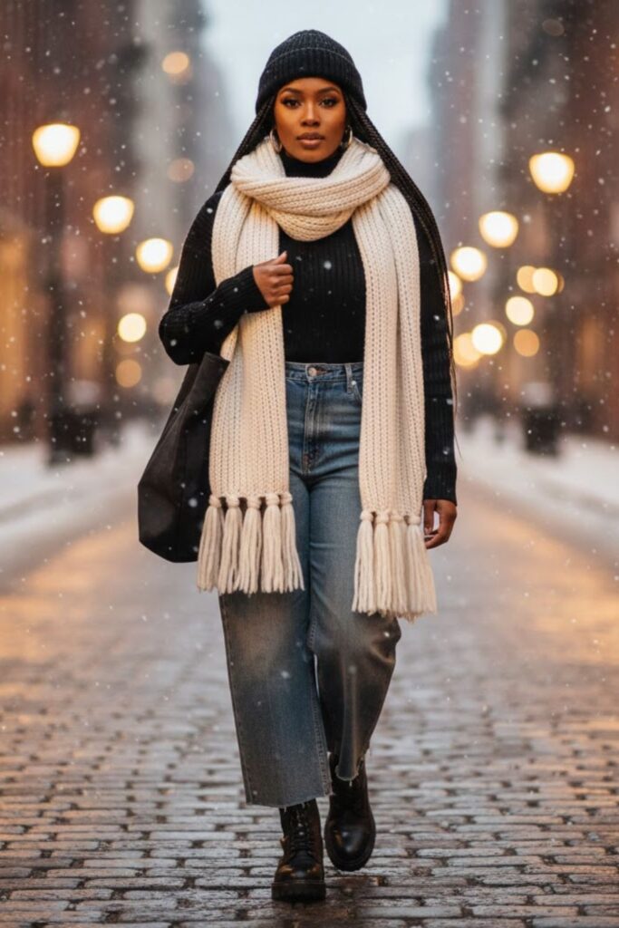 4) Oversized Scarf + Denim + Boots