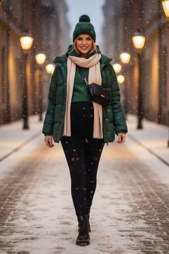 4) Puffer Jacket + Black Leggings + Chunky Boots