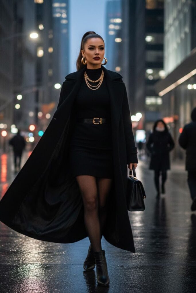 4. All-Black Bodycon Dress With Long Coat